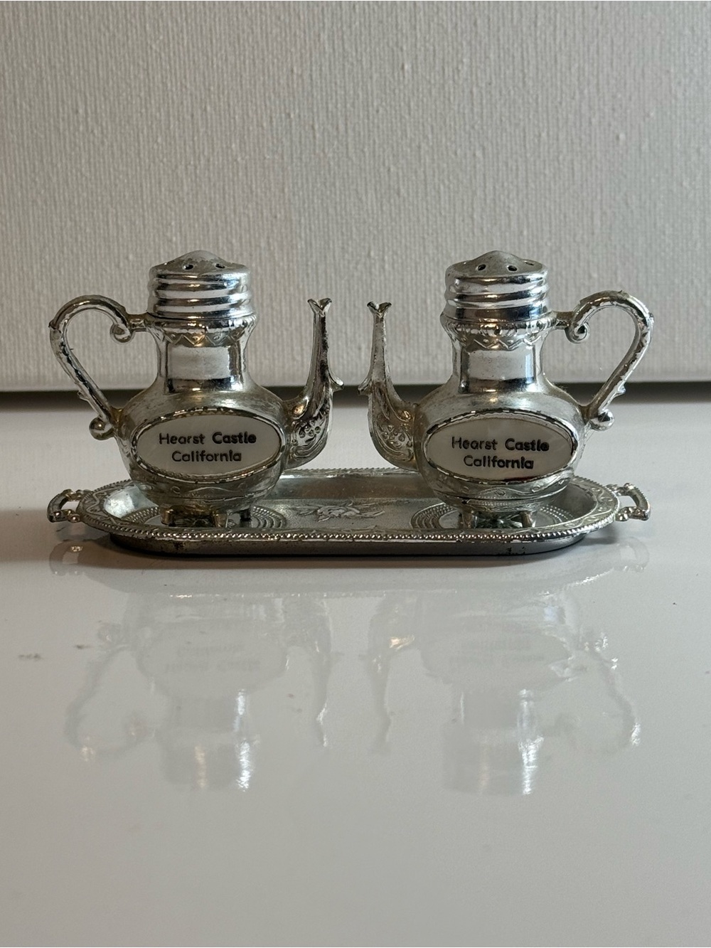 Silver Vintage Mini Hearst Castle California Salt And Pepper Shaker W Tray
